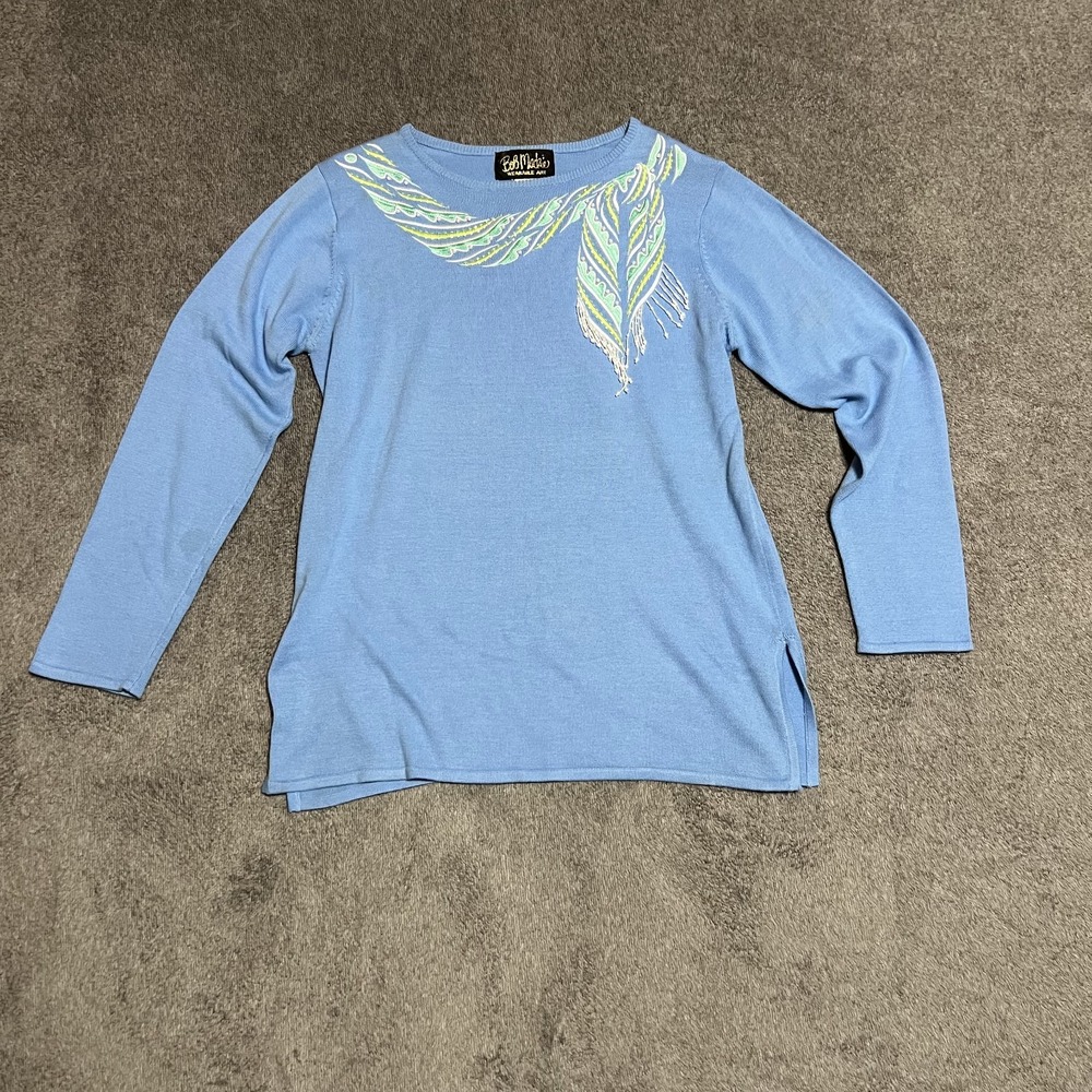Bob Mackie Wearable Art blue pullover sweater embellished neckline size small